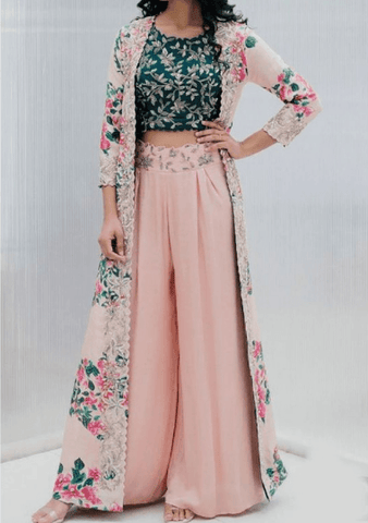 <img src="pinterest.com" alt=" Palazzo pants with shrug for Indo western outfit ">