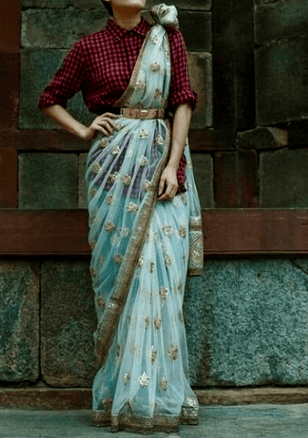 <img src="pinterest.com" alt="Shirt with Saree for Indo western outfit ">