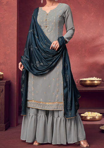 Lt Nitya Heavy Georgette With Embroidery Work And Sequence Work Sharara Suit  Black Color DN 4902