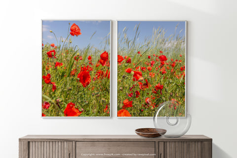 Landscape art print set of 2 prints of red poppy flowers