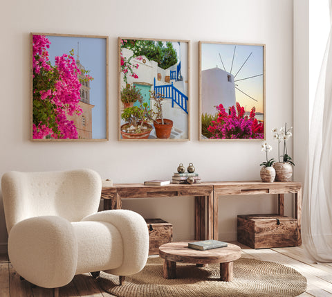 Fine art photography print set of the pink flowers on the Greek islands