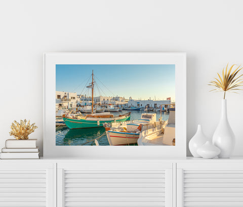 Fine art photography print of colorful fishing boats in Naoussa, Paros