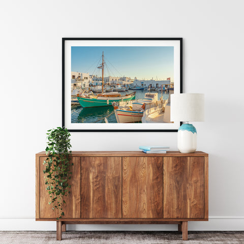 Vacation inspired office wall art of Greek fishing boats
