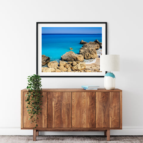 Coastal landscape art print of a Greek beach