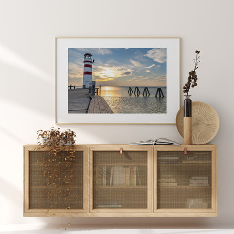 Lighthouse at sunset fine art photography print for coastal wall decor