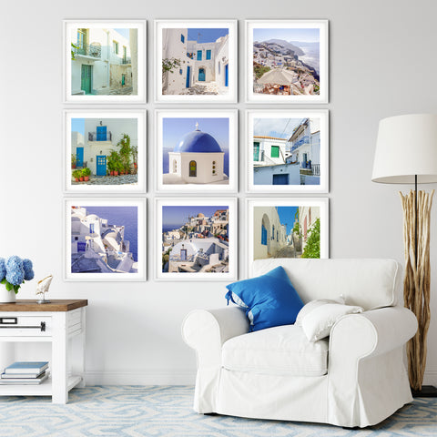 Blue and White Greek islands print set with 9 square photo prints