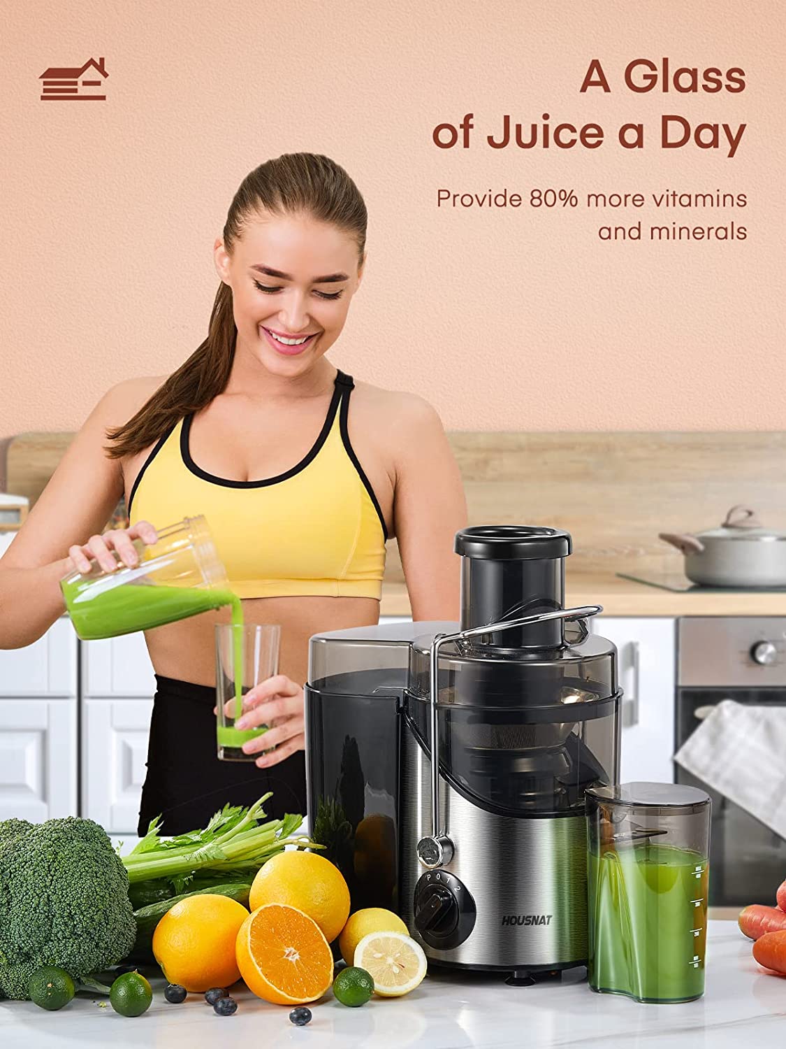 a glass of juice a day, Juicer Machine, Juicers Easy to Clean, HOUSNAT Centrifugal Extractor Juicer 3 Speeds with Big Mouth 3" Feed Chute, Juicer Extractor for Fruits & Vegs, Electric Juicer with Anti-Slip, BPA-Free