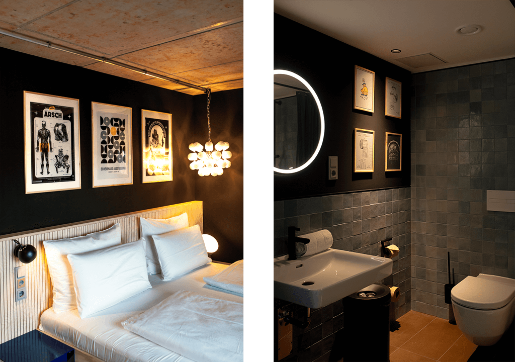 Bilder von dem Bett, den Wänden und dem Bad im Artroom