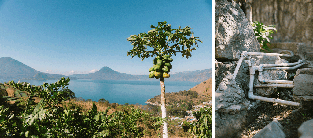 Bild 1: Panorama-Blick über den Atitlan-See, Bild 2: Leitungsrohre in der Natur