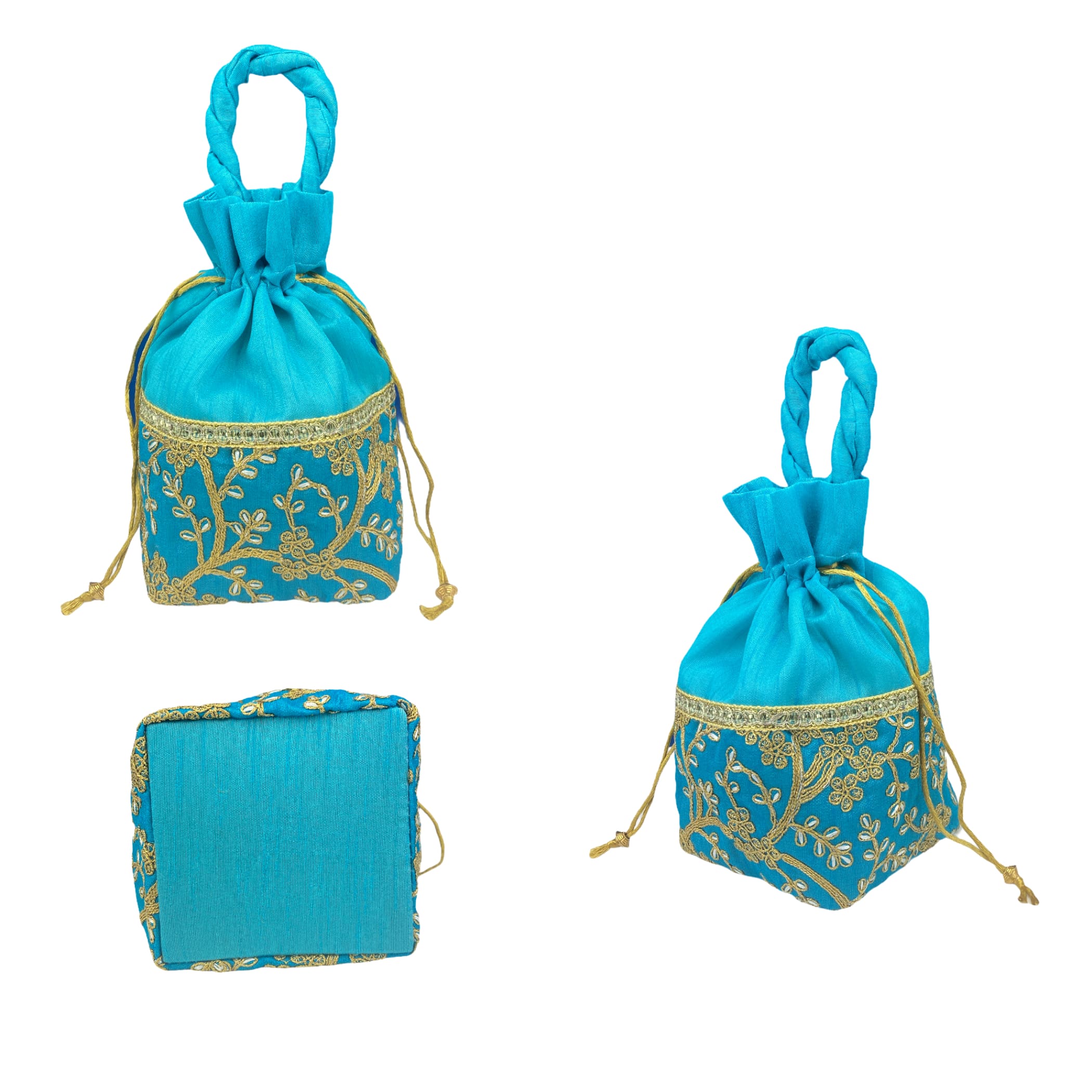 Rajasthani Style Pair of Silk Potli Velvet with Bridal Purse Handbag,  Potlis (Golden and Pink) - Taajoo