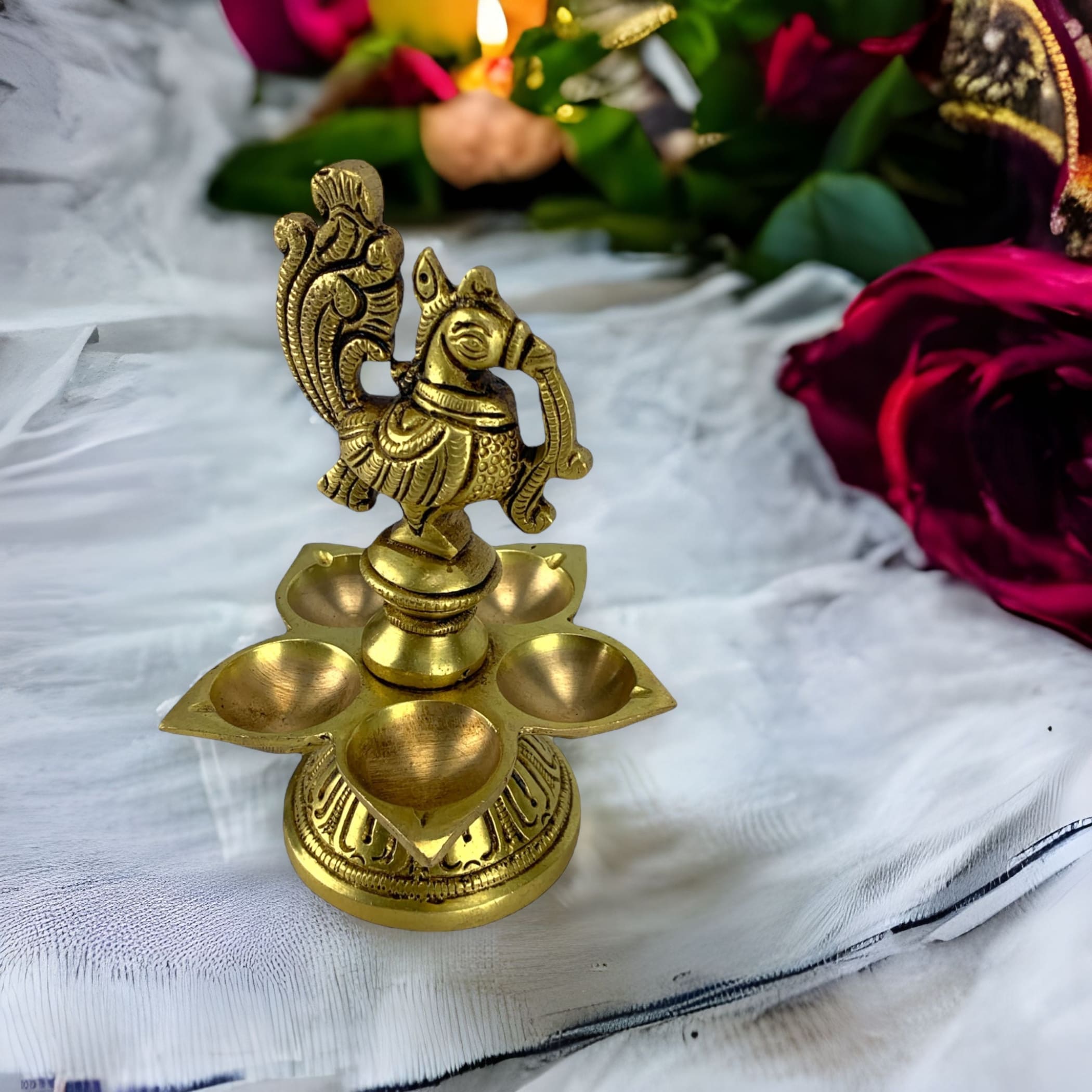 Set of 2) - Solid Brass Flower Design Diya Deepak Pooja Oil lamp