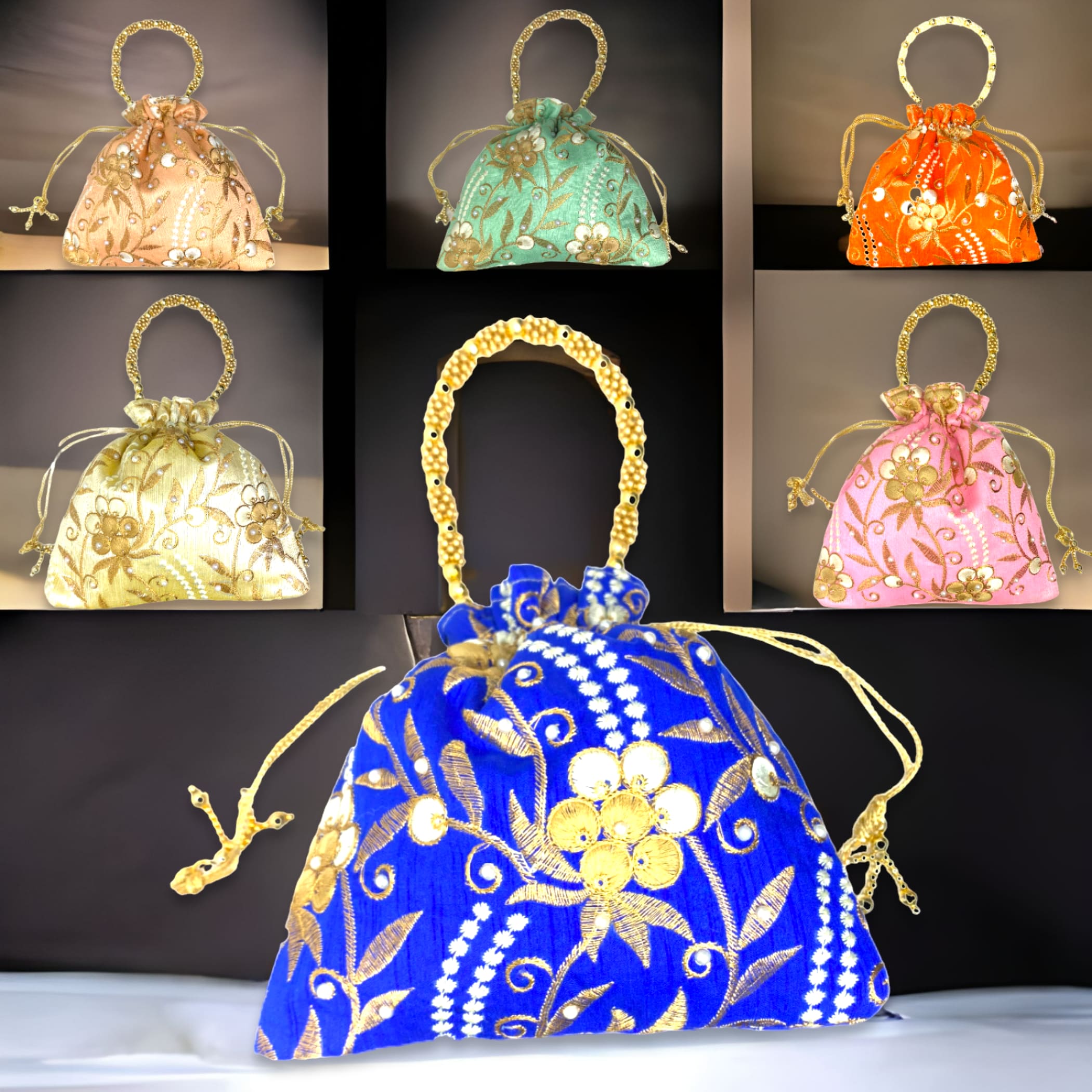 Light Blue Satin Pearl and Antique Gold Beaded Design Potli Handbag –  Avaricouture