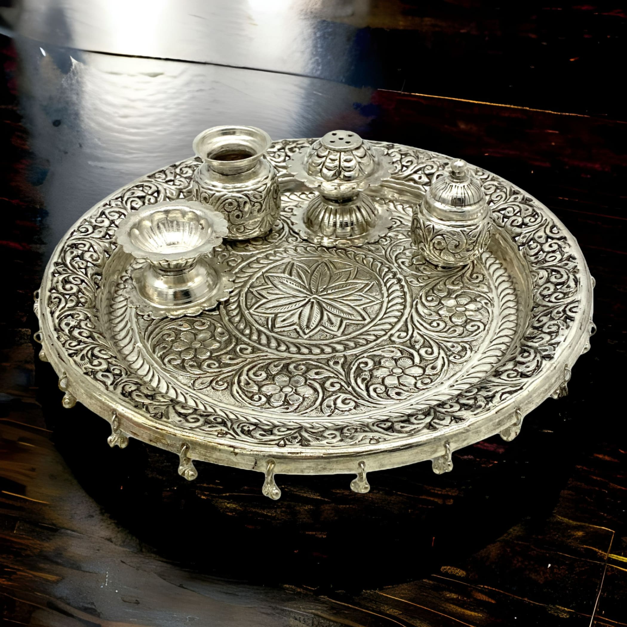 indian german silver pooja thali set diya aarti plate haldi kumkum diwali gift puja items 751