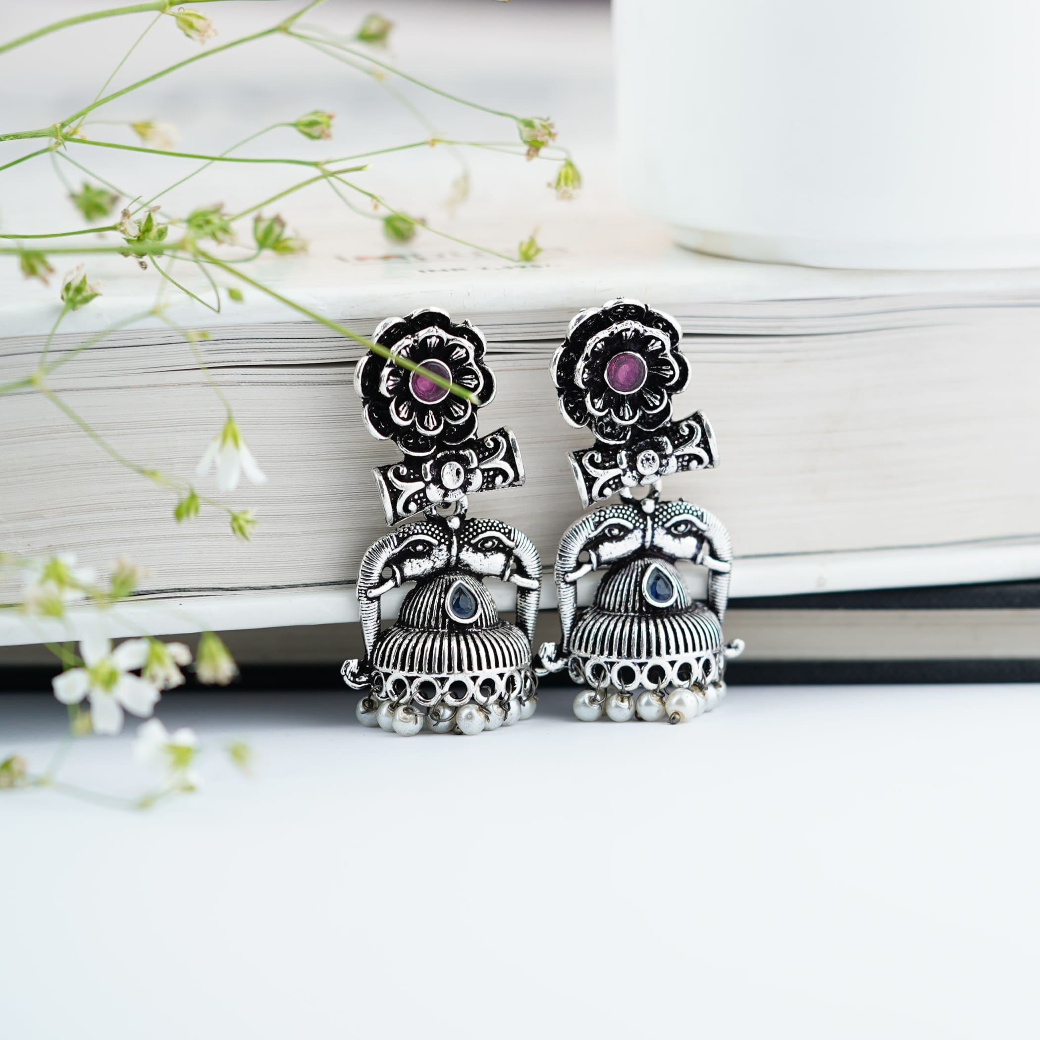 Oxidised Silver-Plated Jhumka Earrings - chamakstore.com