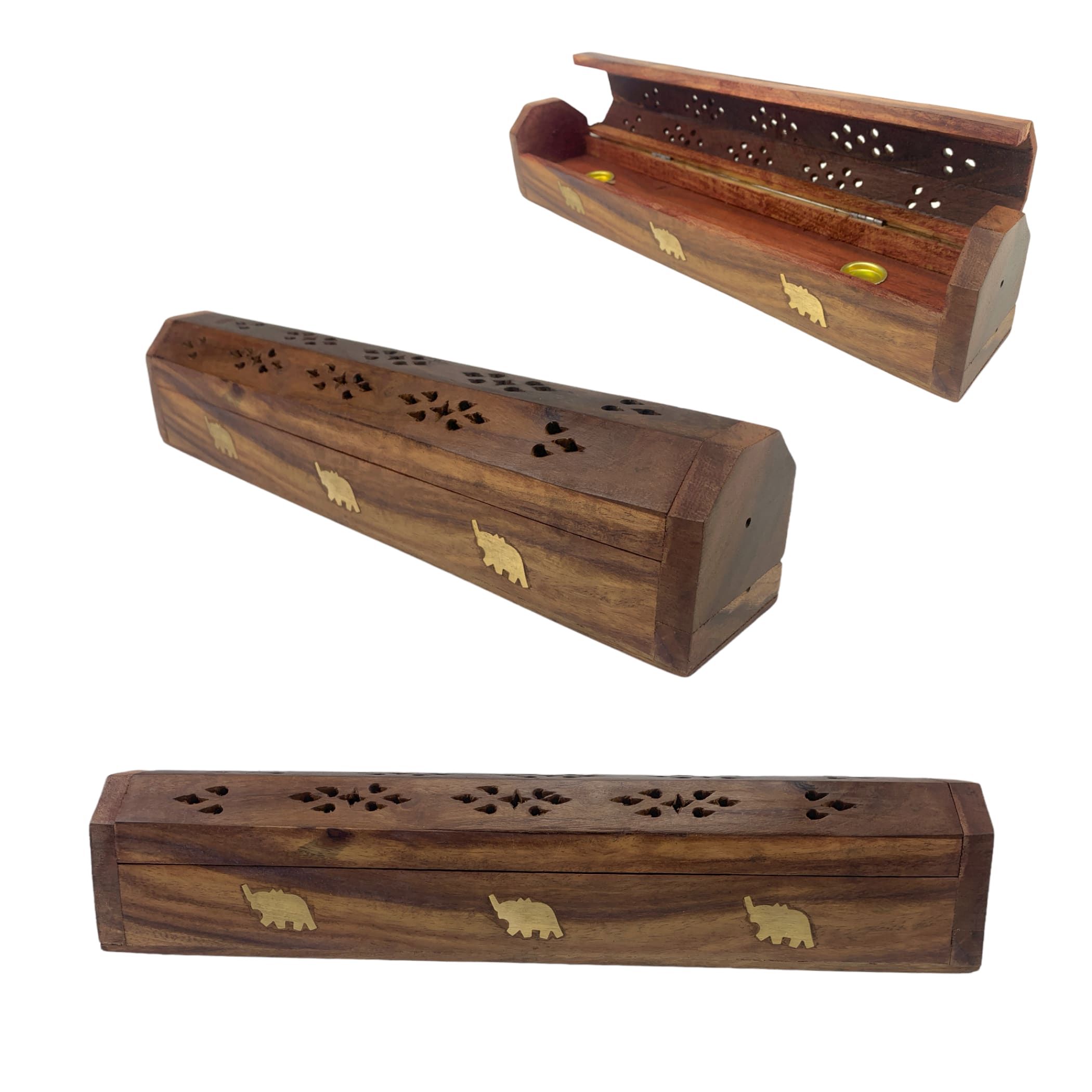 Wood Incense Storage Box and Burner With Brass OM Symbol Inlays