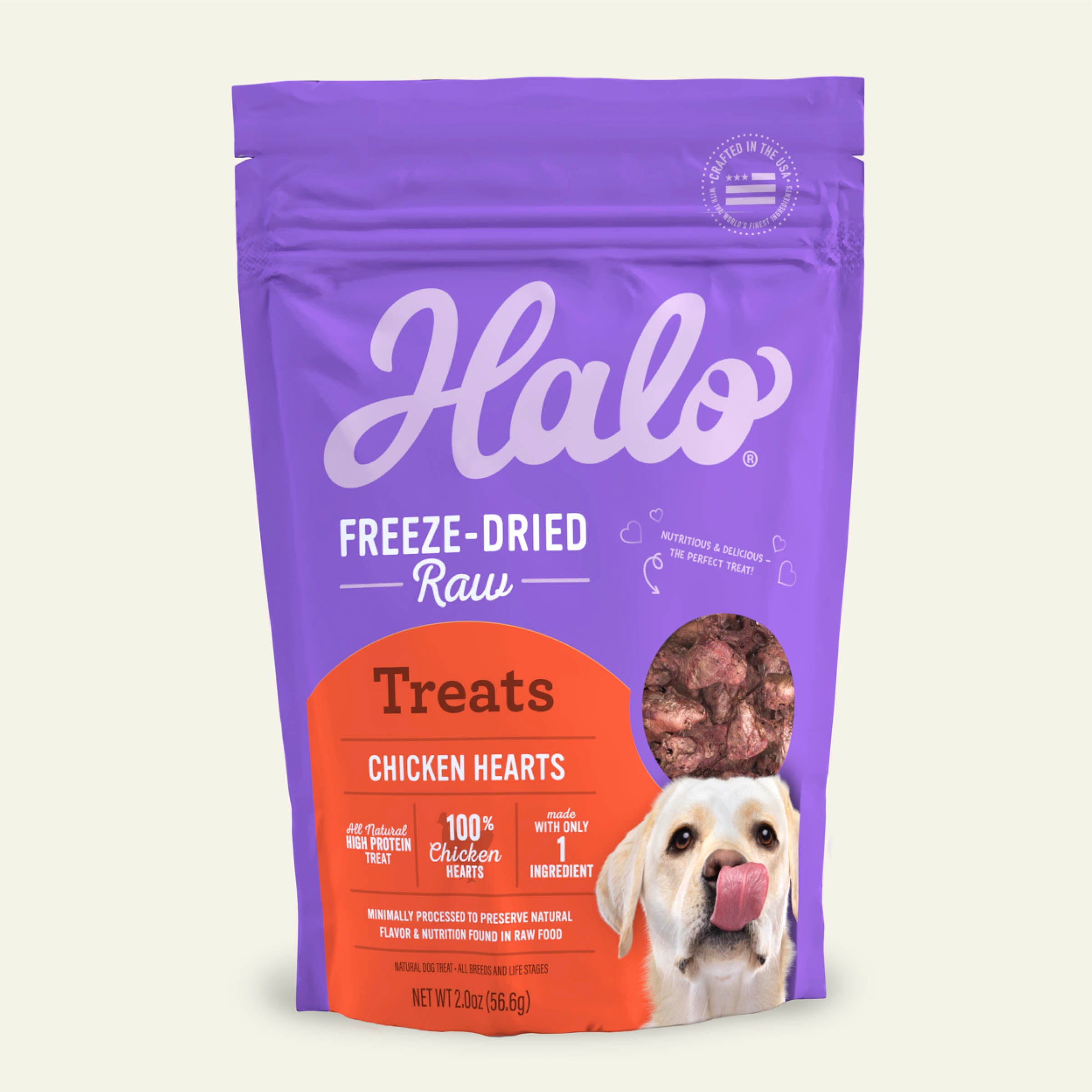 Image of Halo Freeze-Dried Raw Chicken Hearts Dog Treat 2 oz bag