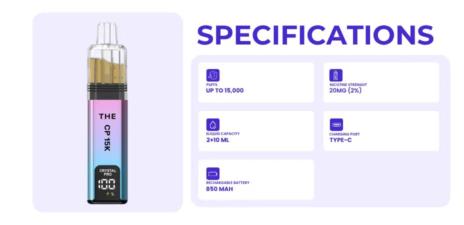 Specifications of the The CP 15K Prefilled Pod Kit by Crystal Pro