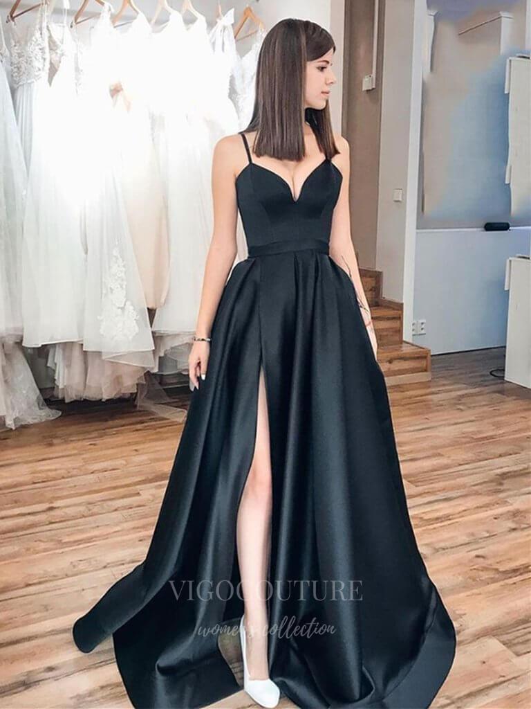 Black Satin Spaghetti Strap Prom Dress 20387 – vigocouture