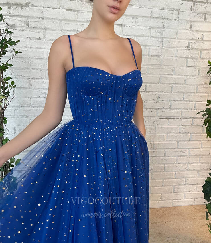 Blue Spaghetti Strap Maxi Dress Sparkly Prom Dress 20978 – vigocouture