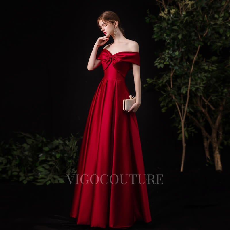 vigocouture-Burgundy Satin Bow Prom Dress 20158-Prom Dresses-vigocouture-