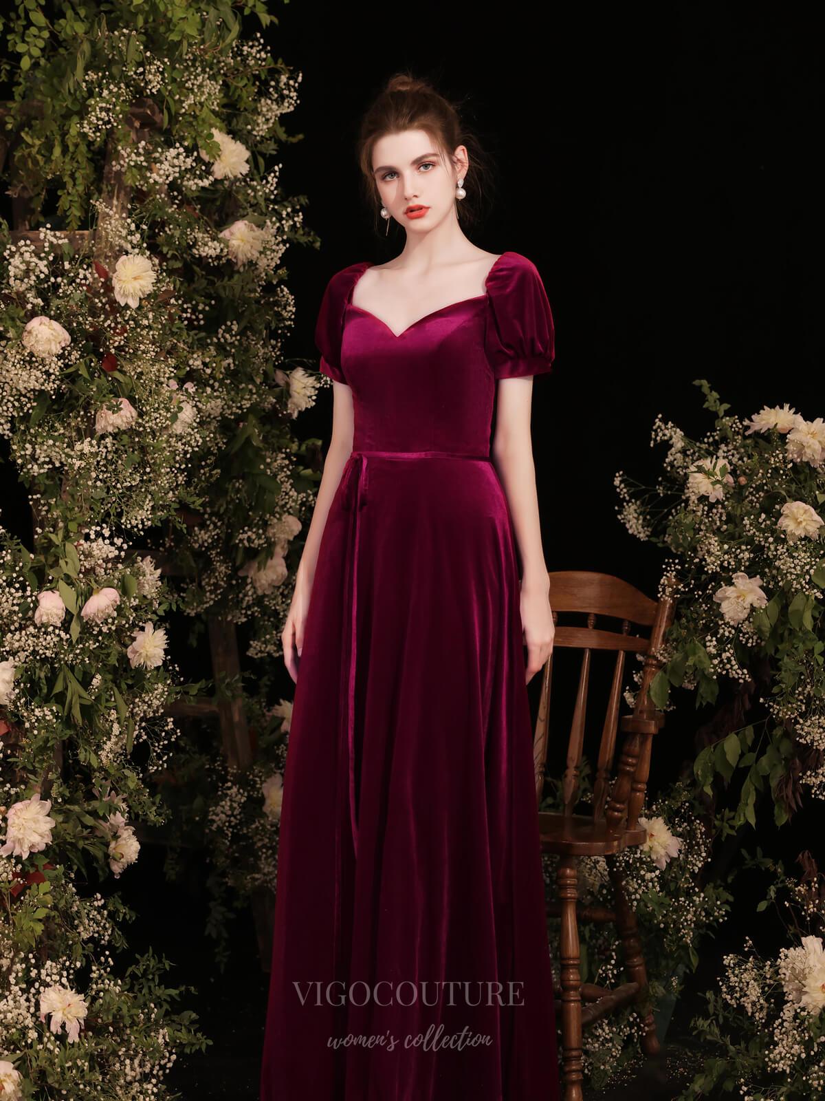 Burgundy Velvet Puffed Sleeve Prom Dress 20734 | vigocouture | Reviews ...