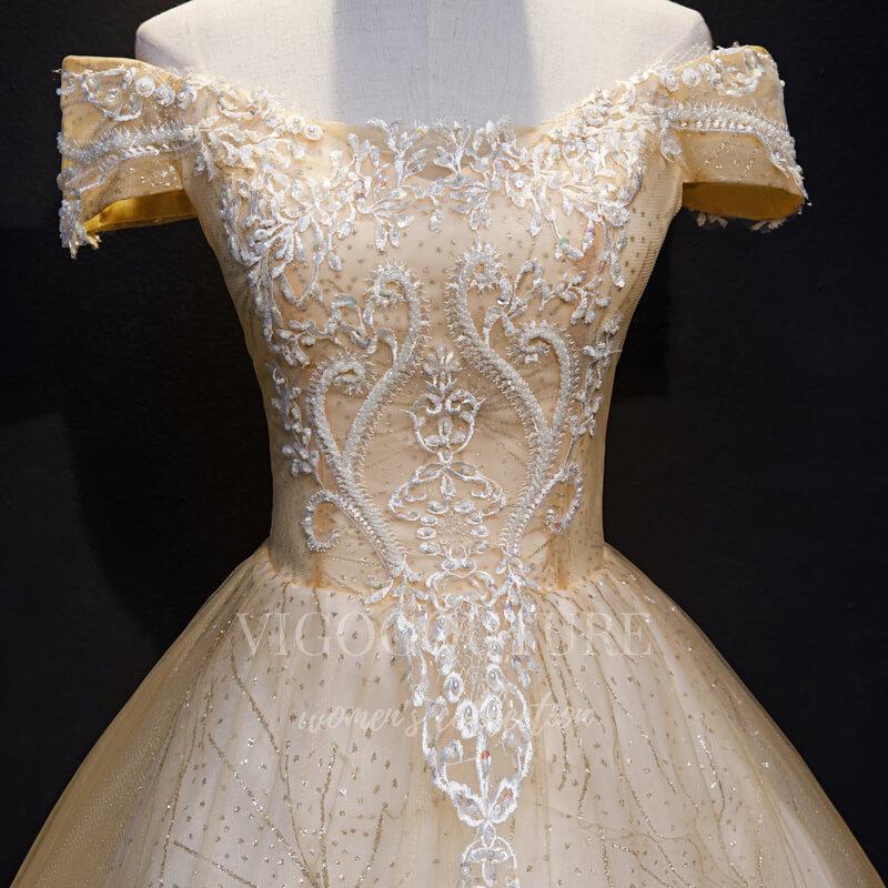 vigocouture-Champagne Beaded Quinceañera Dresses Lace Ball Gown 20402-Prom Dresses-vigocouture-