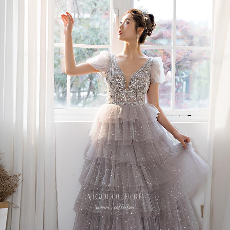 vigocouture-Mauve Beaded Tiered Prom Dress 20236-Prom Dresses-vigocouture-