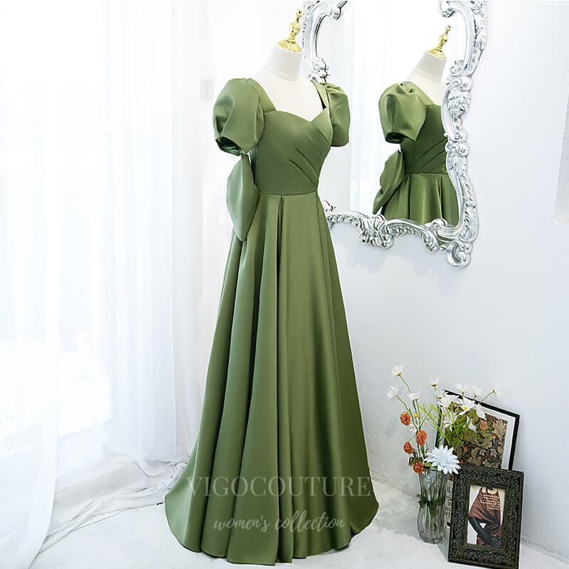 Olive Puffed Sleeve Prom Dresses 20508 – vigocouture