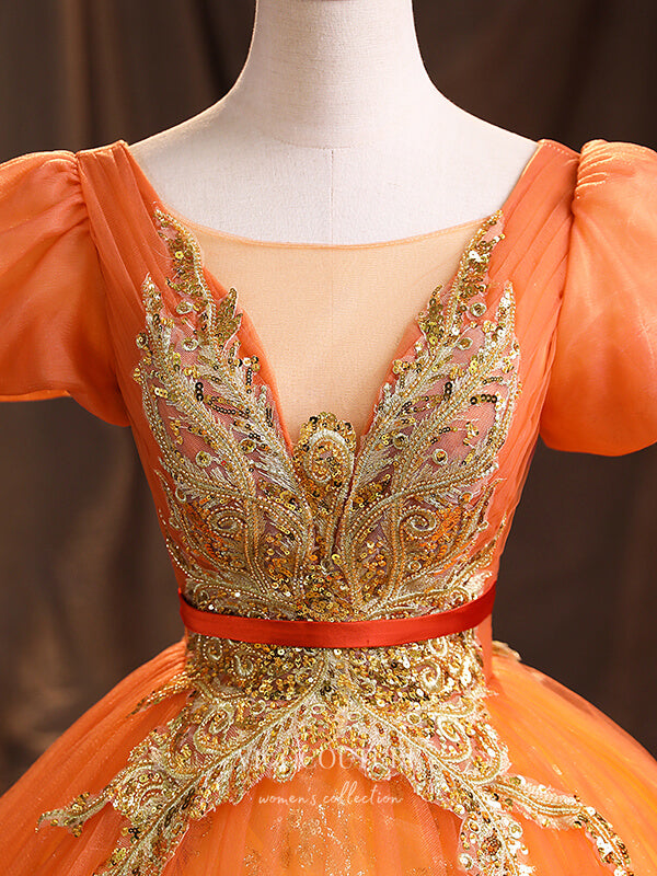 vigocouture-Orange Lace Applique Quinceanera Dresses Puffed Sleeve Sweet 15 Dresses 21379-Prom Dresses-vigocouture-