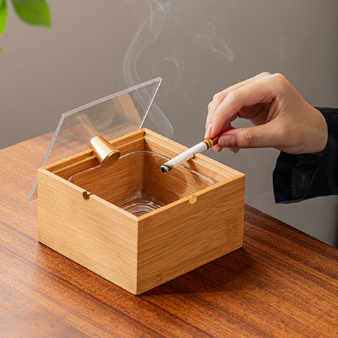 Wooden Ashtray with Lid Glass Removable Tray Creative Unique Ash Tray