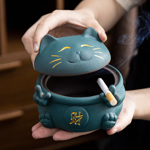 cute smiling cat ashtray ceramic ash tray windproof smokeless lidded covered