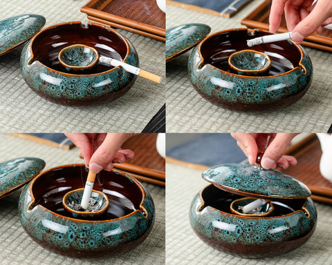 Ashtray with Lid Covered Lidded Windproof Smokeless Ash Tray Ceramic