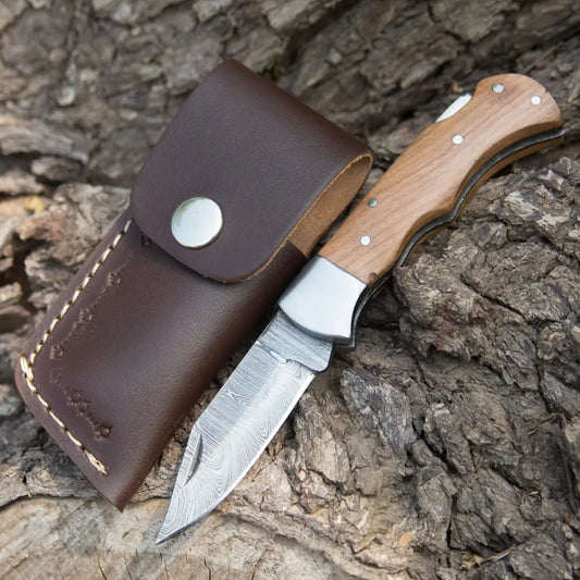 Hand Forged Damascus Steel Camel Bone Handle Pocket Knife With