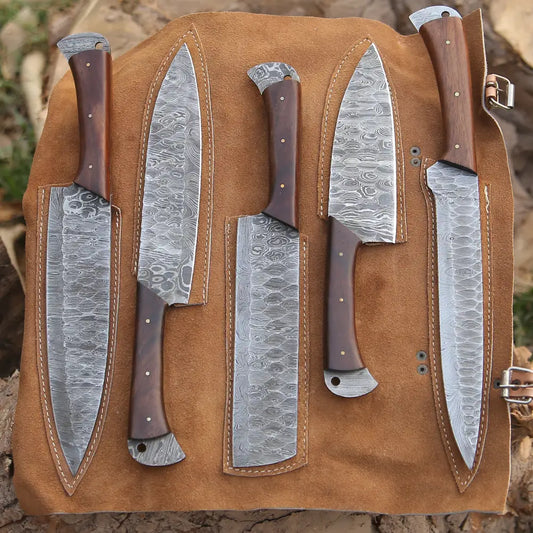 Hand Forged Damascus Steel Professional Chef Knives Set of 8, Kitchen Knife  With Leather Bag Roll, Olive Wood Cooking Knives, Groomsman Gift 