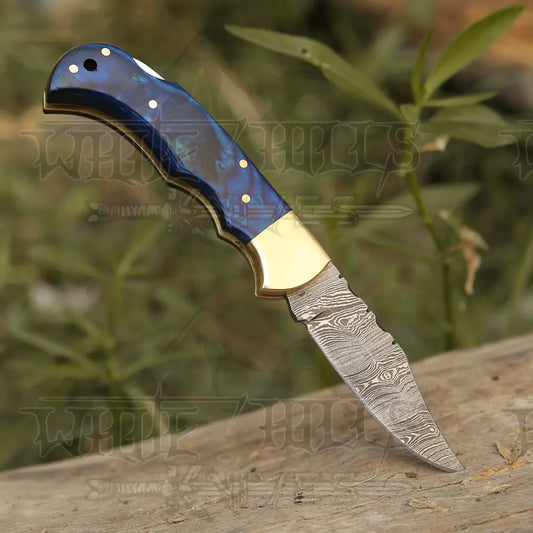 Custom Hand Forged Damascus Steel Folding Knife Stained Wood