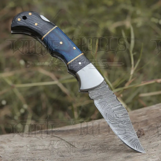 Folding Knife Hand Forged Damascus Stain Wood Handle With Engraved Bolster  WH 1558 – White Hills Knives