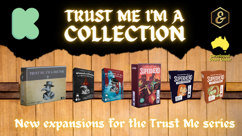 Kickstarter promotional image for Trust Me I'm A Doctor and Trust Me I'm A Superhero showing both games and their four expansions lined up on a wooden bench.