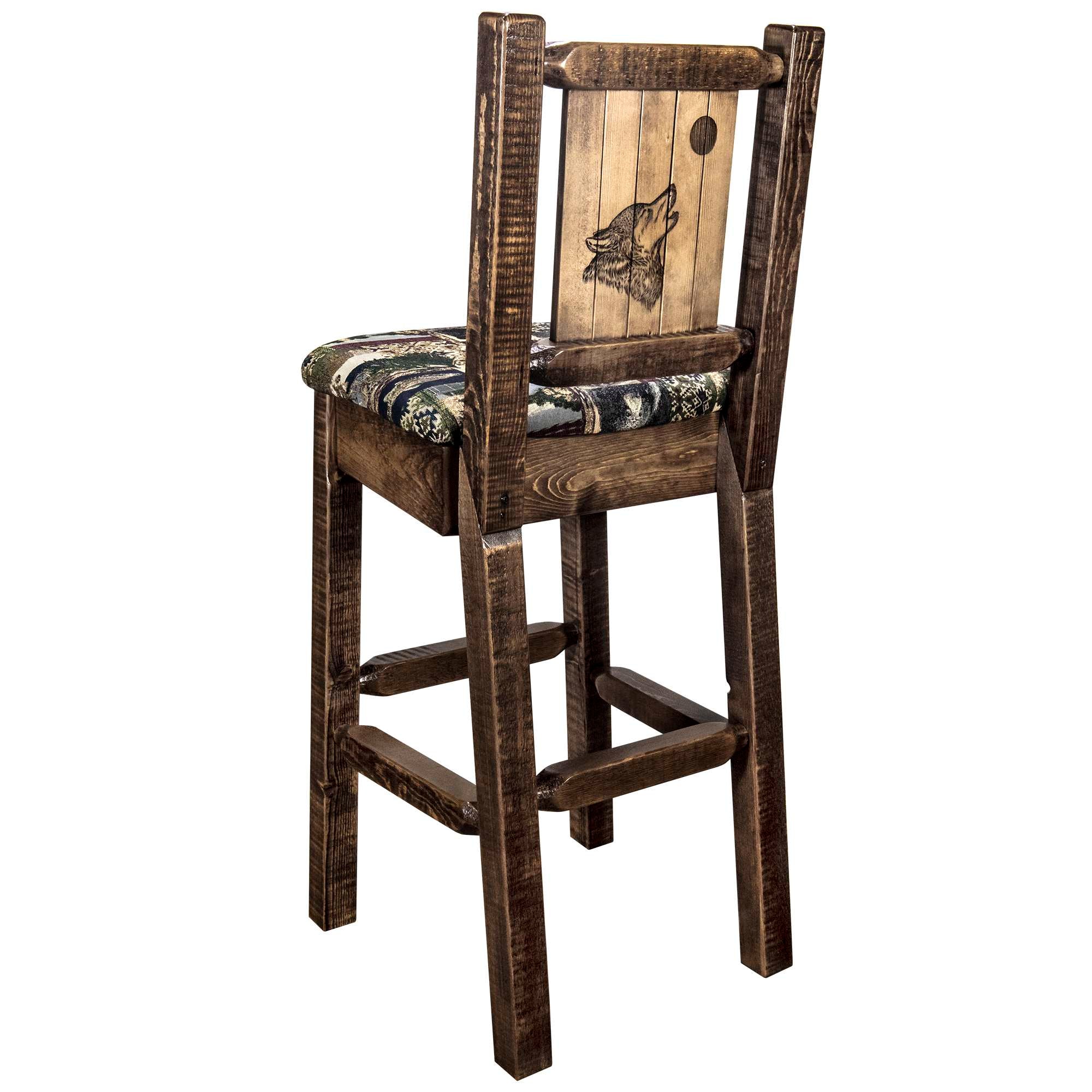 Montana Woodworks - Homestead Collection Barstool w/ Back - Woodland Upholstery, w/ Laser Engraved Wolf Design, Stain & Lacquer Finish - 44 in