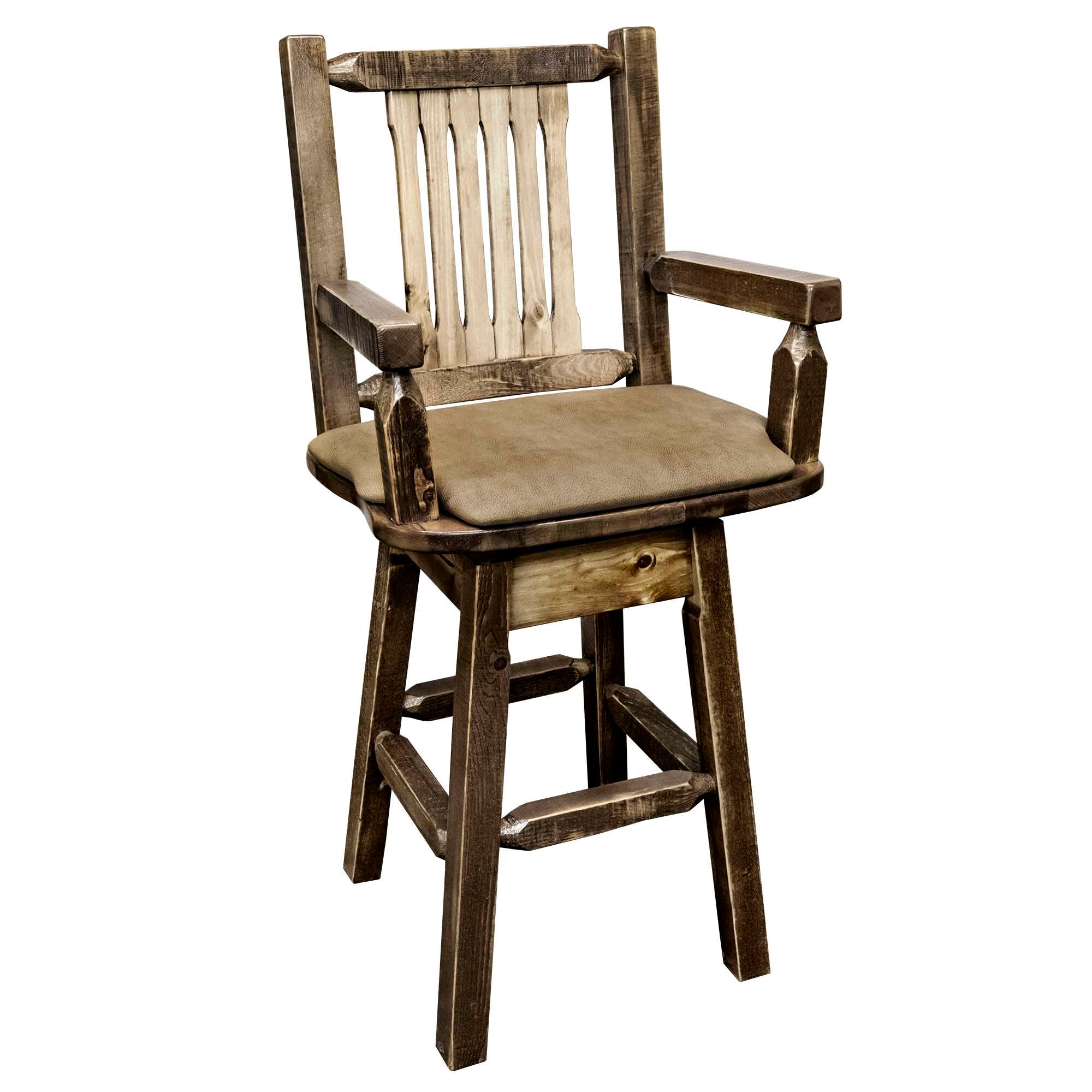 Montana Woodworks - Homestead Collection Captain's Barstool w/ Back & Swivel, Stain & Lacquer Finish w/ Upholstered Seat, Buckskin Pattern - 49 in