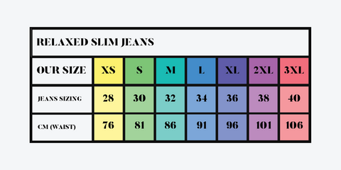 Relaxed Slim Jeans Size Conversion Chart