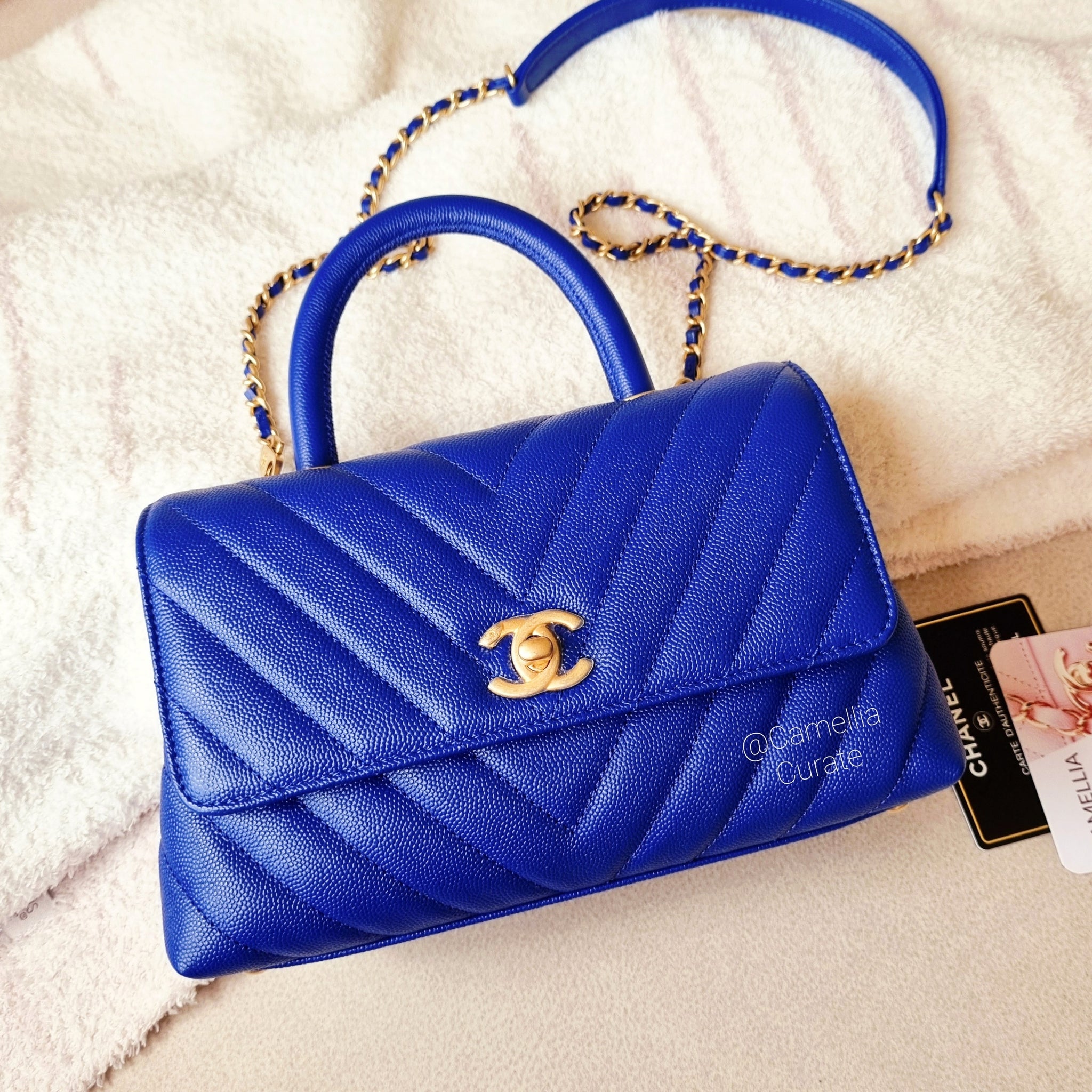 Chanel Coco Handle Blue Caviar MiniSmall Gold HW  CamelliaCurate
