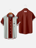 50s LightCyan & Red-Brown Stitching Geometrical Element Printing Men's Short Sleeve Shirt