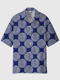 Cycle-Print Ethnic Style Geometrical Element Circle Printing Cuban Collar Men's Short Sleeve Shirt