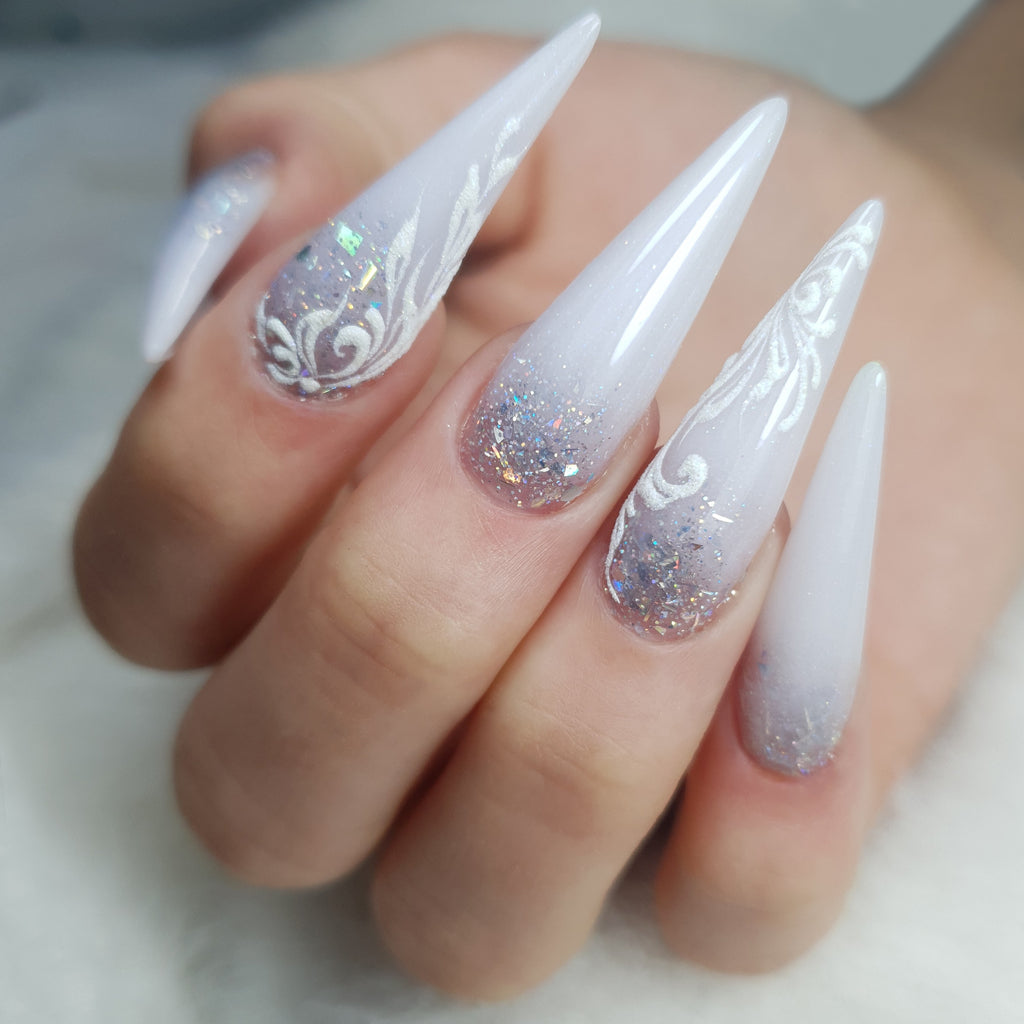 Press on Nails Long Square Shape Fake Nails White Acrylic Nails Glossy Nude  Glue on Nails French False Nail Tips with Butterfly Charms and White  Flowers Design for Women and Girls, 24Pcs -