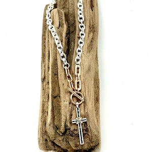Necklace Alloyplated Lg.Multi Metal Cross W/Gold Toggle 18 - Patch Co