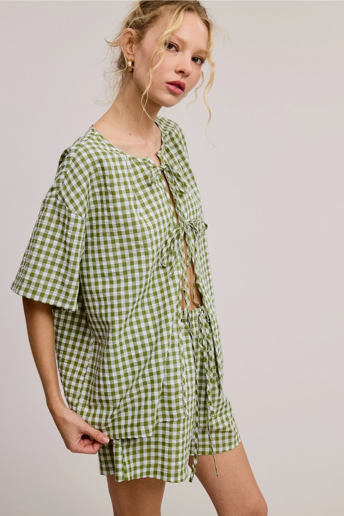 Gingham Open-Front Self-Tie Ribbon Top and Shorts Set