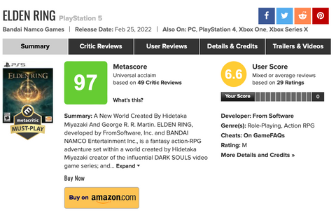 ELDEN RING - Critic rating on Metacritic - 95gameshop.com