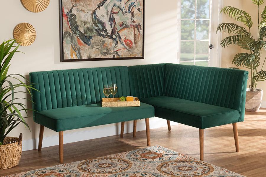 Alvis Mid-Century Modern Emerald Green Velvet Upholstered and Walnut Brown Finished Wood 2-Piece Dining Nook Banquette Set