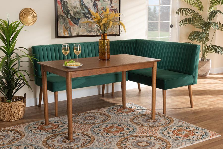 Alvis Mid-Century Modern Emerald Green Velvet Upholstered and Walnut Brown Finished Wood 3-Piece Dining Nook Set