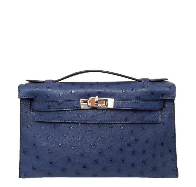 Hermes Kelly 28 Blue Iris Ostrich Gold Hardware